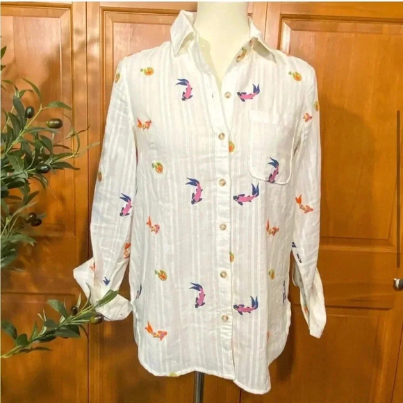 Anthropologie Maeve Koi Embroidered Button Down Size 2 - Picture 1 of 15
